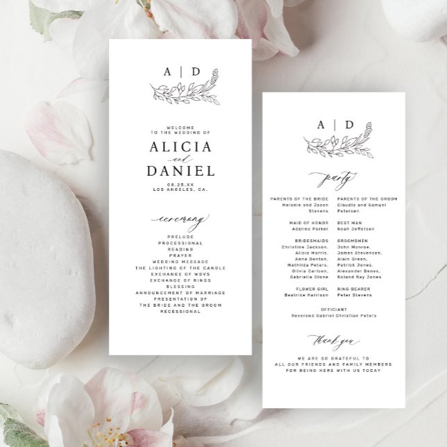 Programa de boda clásico con monograma en blanco y (Subido por el creador)