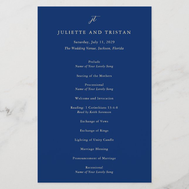 Programa de Boda Clásico Elegante de Azul Marino y (Frente)