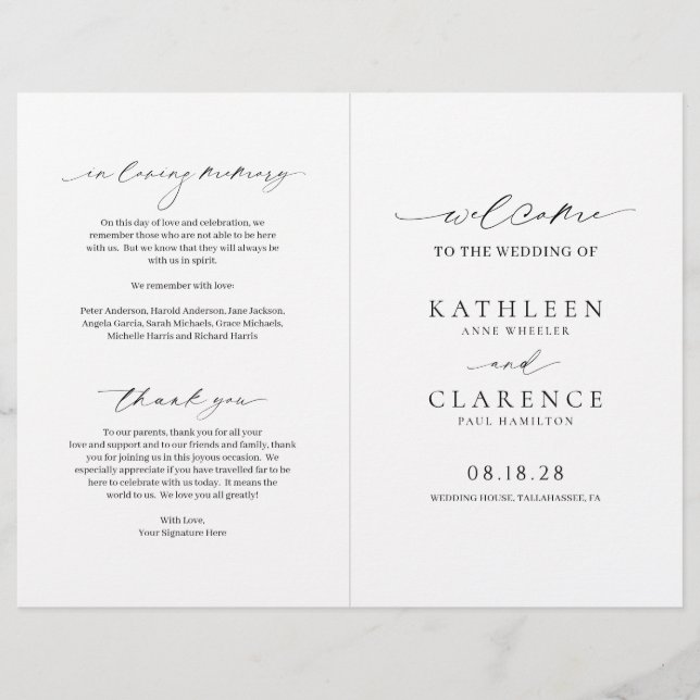 Programa de Boda Clásico en Blanco y Negro Elegant (Anverso)
