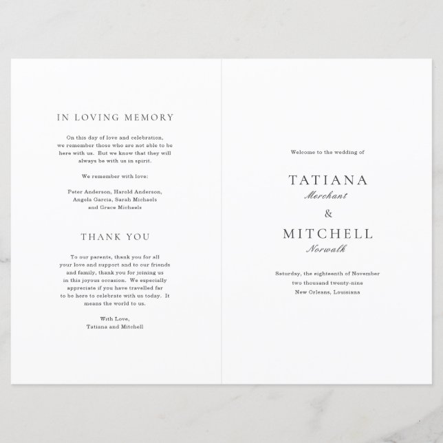 Programa de Boda Clásico en Blanco y Negro Elegant (Anverso)