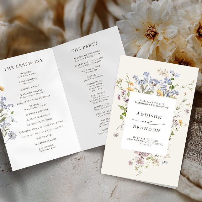Programa de Boda Colorida Spring Wildflower Meadow (Colorful Spring Wildflower Meadow Folded Wedding Program card)