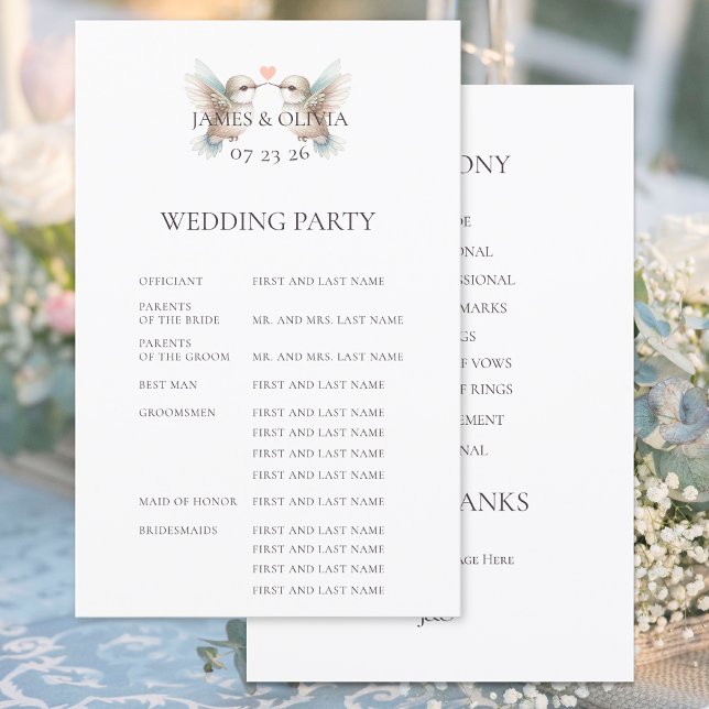 Programa de Boda Completa de Hummingbird personali (Loving Hummingbirds Wedding Order-of-Service Program)