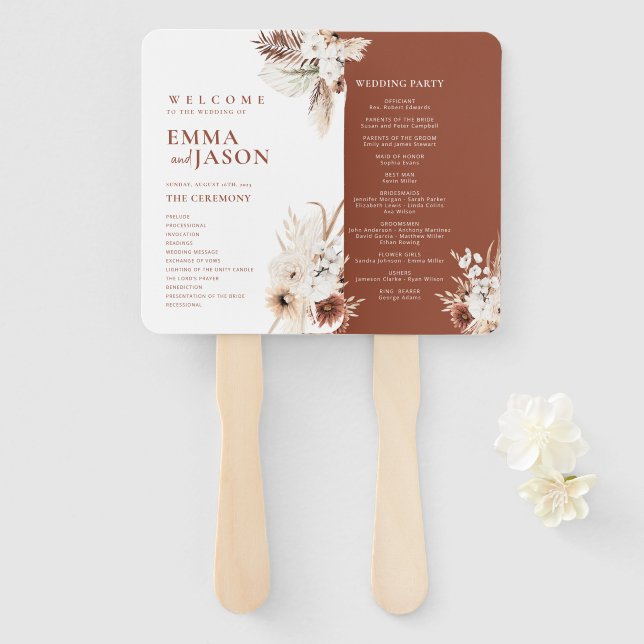 Programa de Boda con Abanico de Mano de Hierba de  (Anverso y reverso)