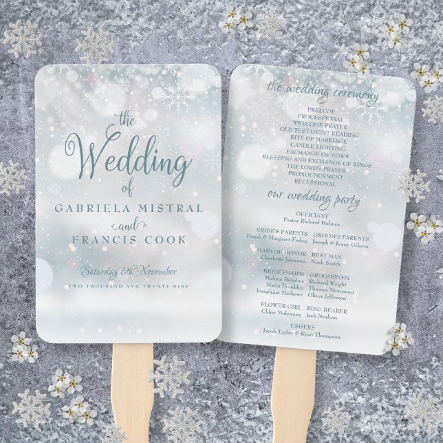 Programa de Boda con Abanico de Mano de Primeros C (First Winter Snowflakes Wedding Program Hand Fan)