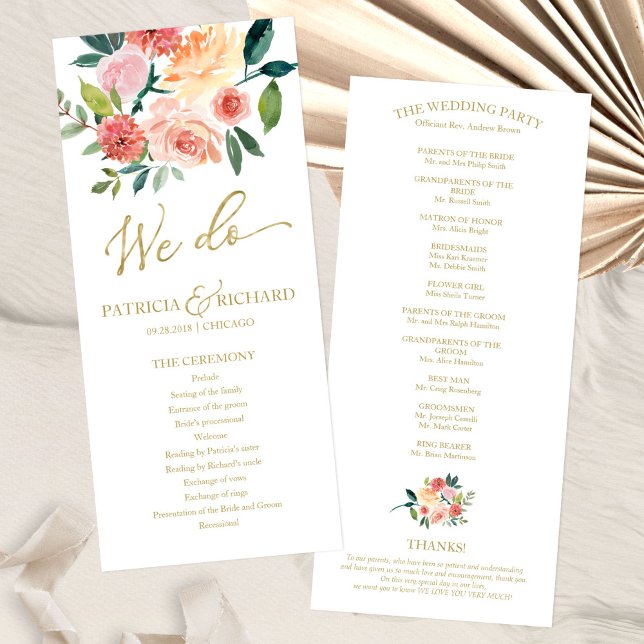 Programa de Boda con Acuarela Floral Dorada 4x9 (Subido por el creador)