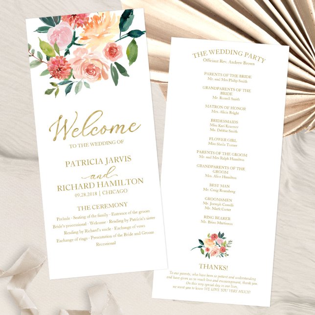 Programa de Boda con Acuarela Floral Dorada Elegan (Subido por el creador)