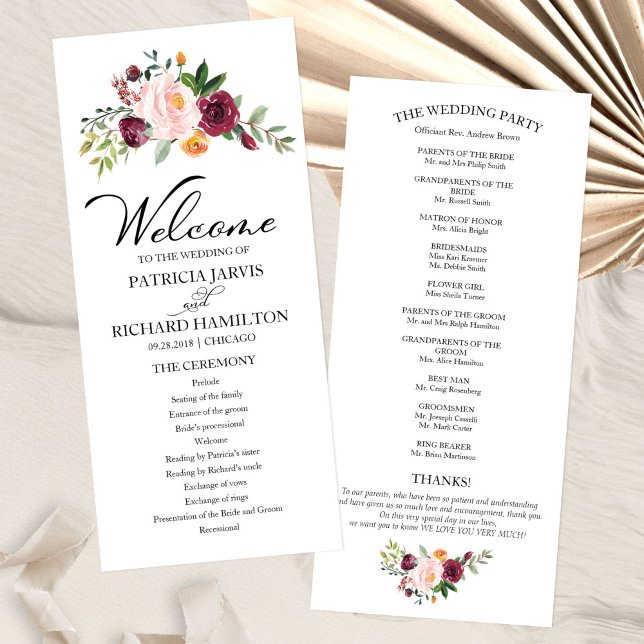 Programa de Boda con Acuarela Floral Rosa Burdeos (Subido por el creador)