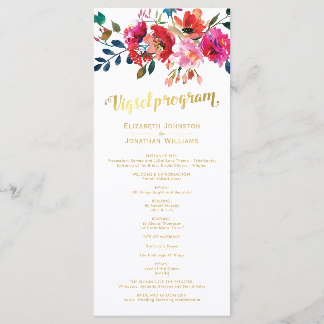 Programa de Boda con Acuarela Floral y Oro Blanco (Anverso)