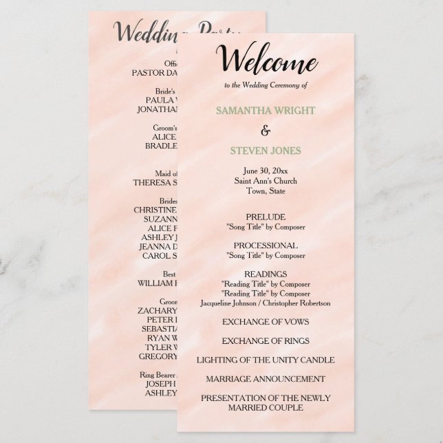 Programa de Boda con Acuarela Verde Sage y Rubor (Anverso / Reverso)