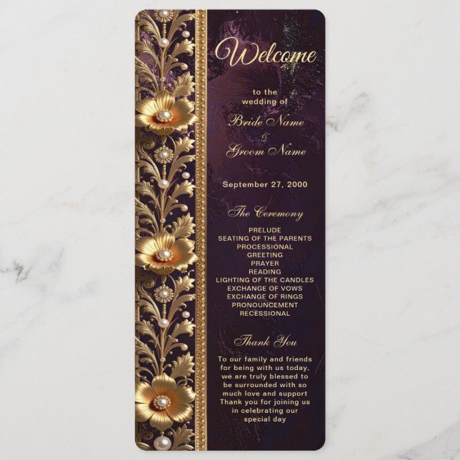 Programa de Boda con Adorno Floral Dorado y Perlas (Anverso)