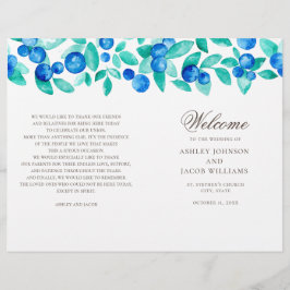 Programa de boda con arándanos. Acuarela azul verd