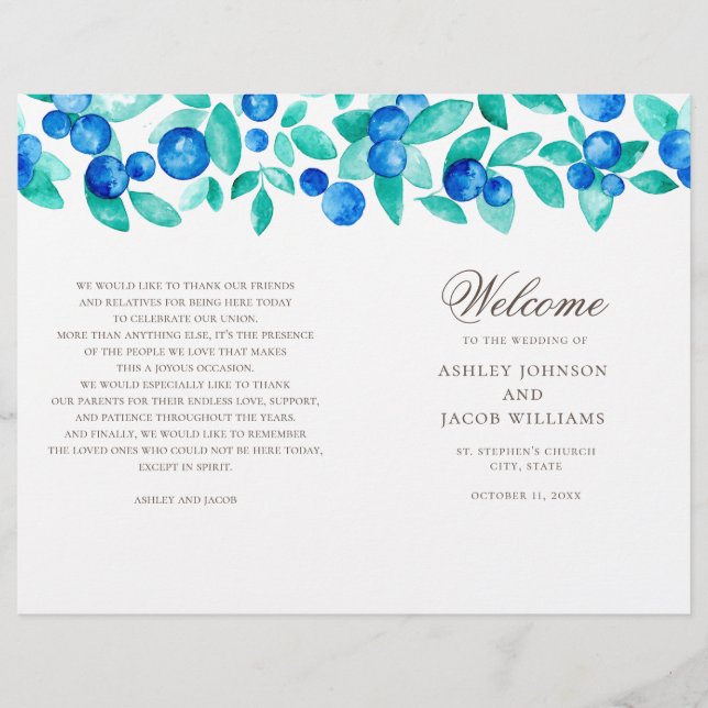 Programa de boda con arándanos. Acuarela azul verd (Anverso)