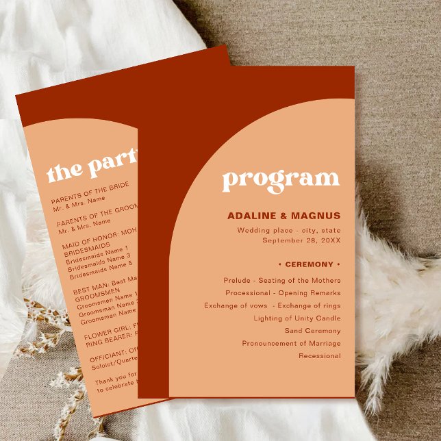Programa de Boda con Arco de Terracota Elegante y  (Elegant chic peach terracotta arch wedding program adds warmth while guiding your ceremony flow.)