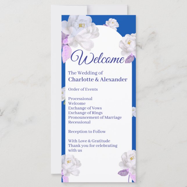 Programa de Boda con Arco Floral Azul (Anverso)