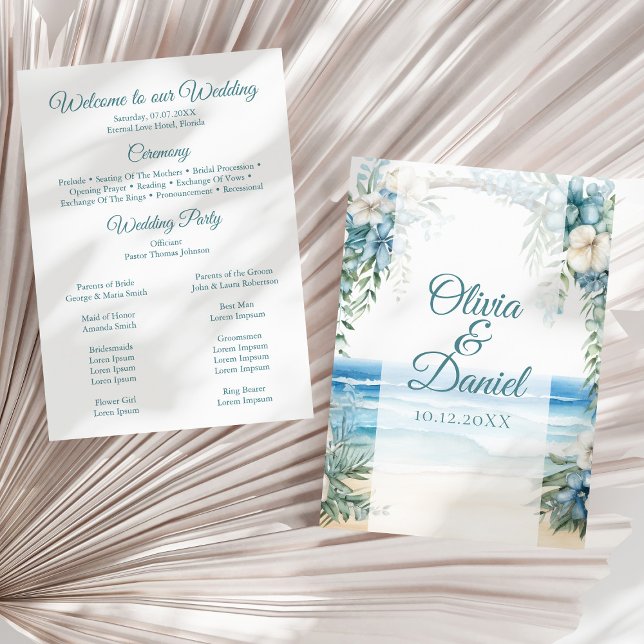 Programa de Boda con Arco Floral Azul de Boho Beac (Boho Beach Blue Floral Arch Wedding Program on a sunny neutral dry palm leaf.)
