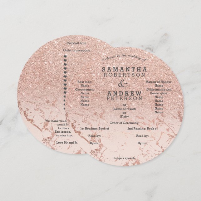 Programa de boda con brillo de mármol rosa oro omb (Anverso / Reverso)