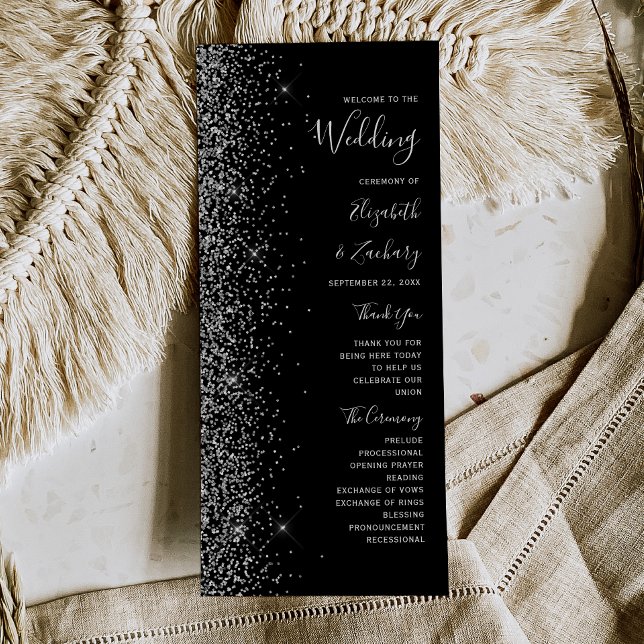 Programa de Boda con Brillo Negro Moderno Plateado (Subido por el creador)