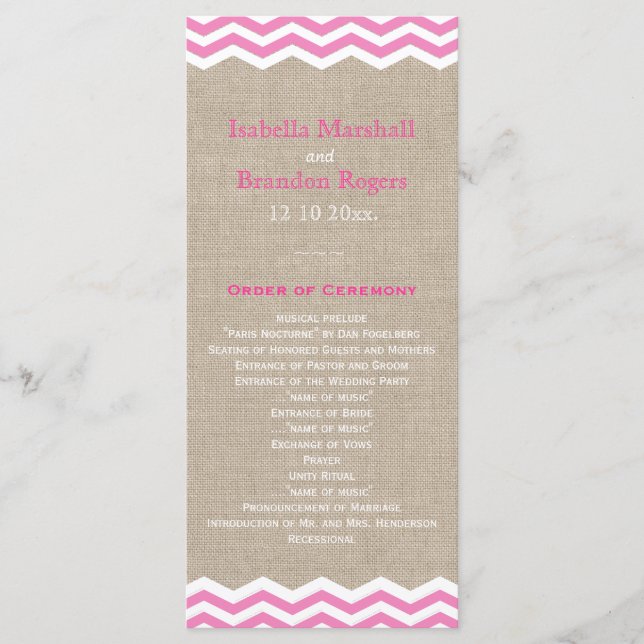 Programa de Boda con Chevrones Rosados sobre Arpil (Anverso)