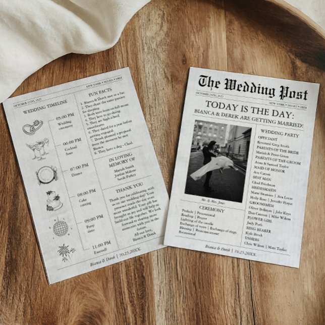 Programa de Boda con Cronología de Fotos de Periód (Newspaper Wedding Invitation with Timeline, Wedding Party)