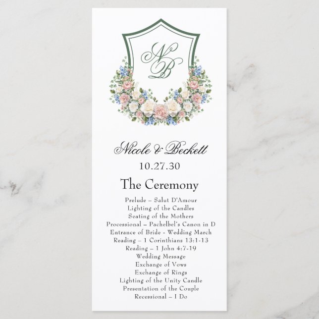Programa de Boda con Escudo Floral Azul Polvorient (Anverso)