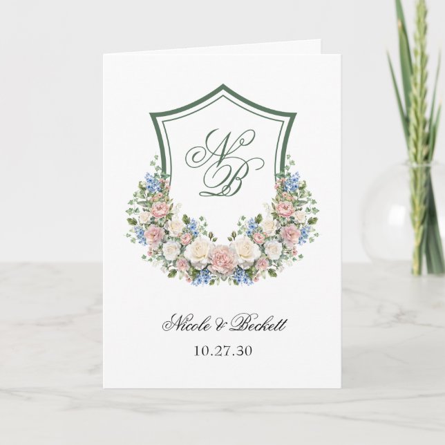 Programa de boda con escudo floral azul polvorient (Anverso)