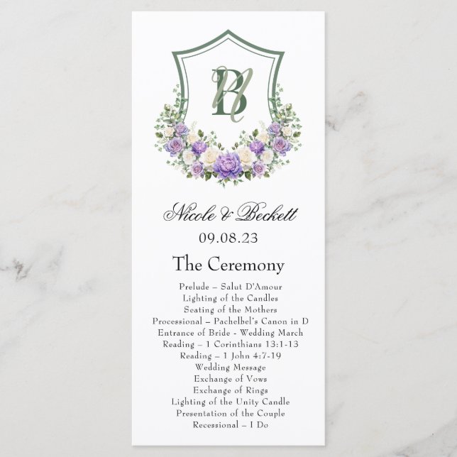 Programa de Boda con Escudo Floral Blanco Púrpura (Anverso)