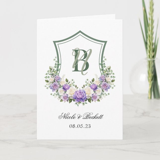 Programa de Boda con Escudo Floral Blanco Púrpura (Anverso)