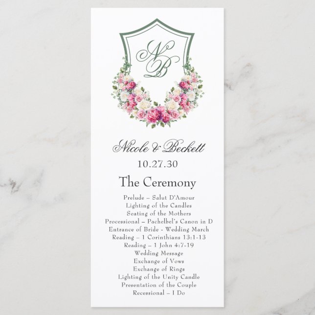 Programa de Boda con Escudo Floral Rosa (Anverso)