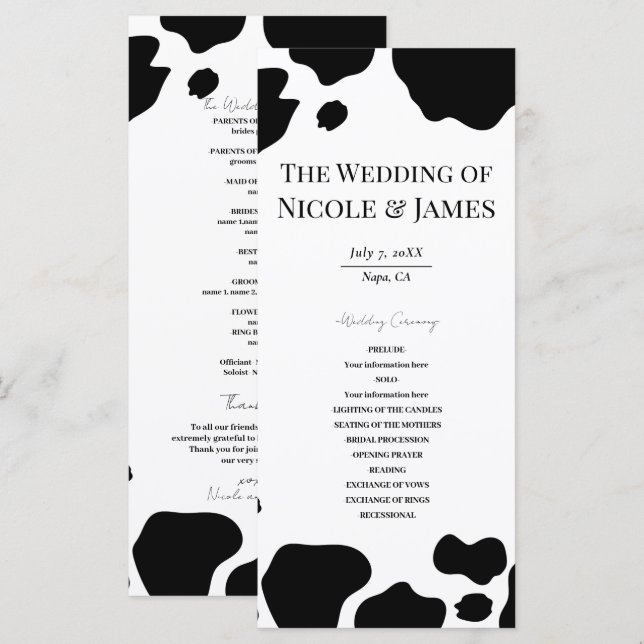 Programa de Boda con Estampado de Manchas de Vaca  (Anverso / Reverso)