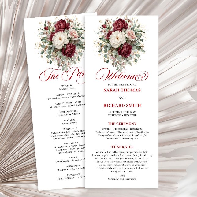 Programa de Boda con Estilo Rosa Borgoña y Verdor (Vintage Blush Burgundy Floral Wedding Program)