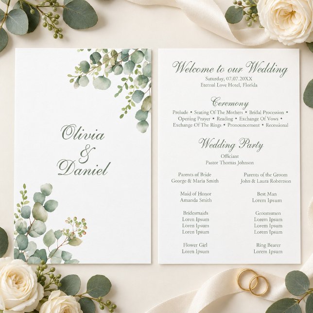 Programa de Boda con Eucalipto Verde Moderno (Modern Greenery Eucalyptus Wedding Program)