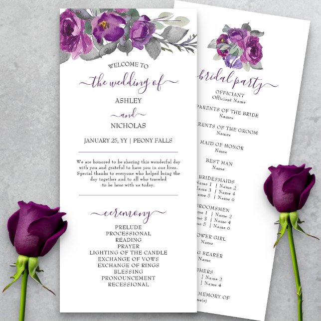 Programa de Boda con Floral Púrpura y Guión Elegan (Elegant purple floral wedding program from my Plush Purple Wedding Collection )