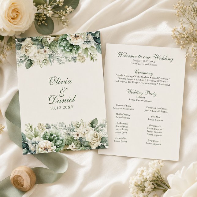 Programa de Boda con Flores de Verde Salvia y Marf (Boho Sage Green and Ivory Flowers Wedding Program with wedding decor and white flowers)