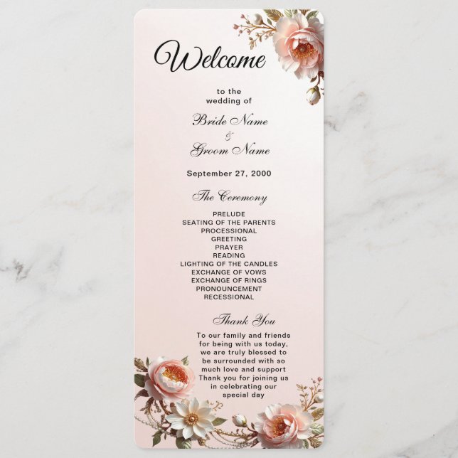 Programa de Boda con Flores Decorativas Rosadas y  (Anverso)