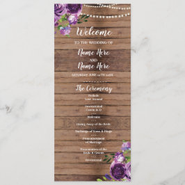 Programa de Boda con Flores Moradas de Madera Rúst