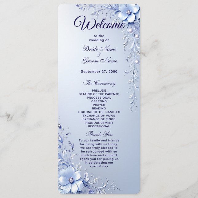 Programa de Boda con Flores Ornamentadas Azules y  (Anverso)