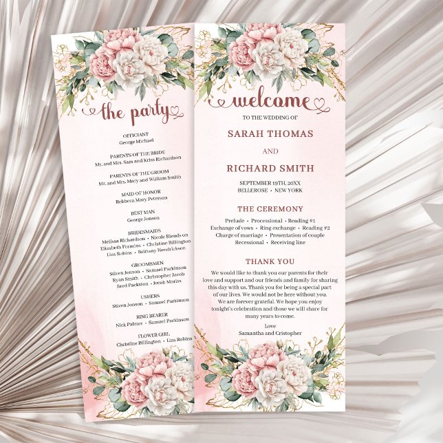Programa de Boda con Flores Polvorientas Modernas  (Modern Dusty Pink Flowers Greenery Wedding Program)