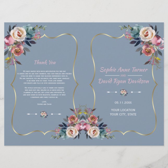 Programa de Boda con Flores Rosadas Azules Polvori (Anverso)