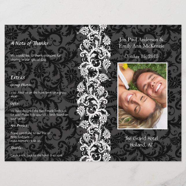 Programa de Boda con Foto Damask Negro Gris y Rojo (Anverso)