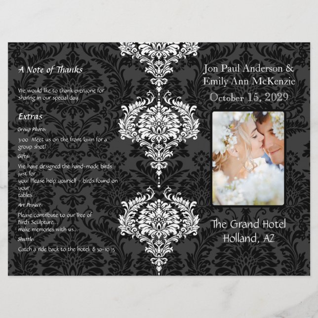 Programa de Boda con Foto Negro Gris y Damasco Bla (Anverso)