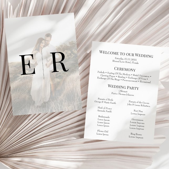 Programa de Boda con Foto y Monograma Moderno y El (Modern Elegant Monogram Photo Wedding Program on a sunny white dry palm leaf.)