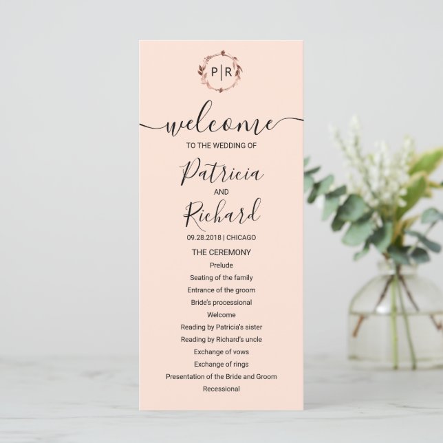 Programa de Boda con Hoja de Oro Rosa y Monograma  (Anverso de pie)