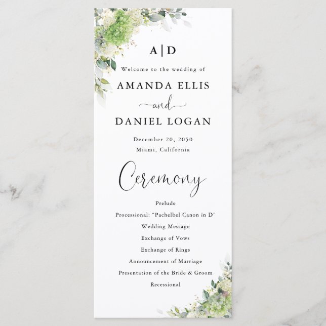 Programa de Boda con Hortensias Verdes (Anverso)