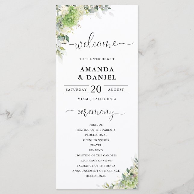 Programa de Boda con Hortensias Verdes (Anverso)