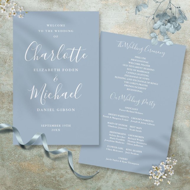 Programa de Boda con Letra de Firma Azul Polvo (Dusty Blue Signature Script Wedding Program)