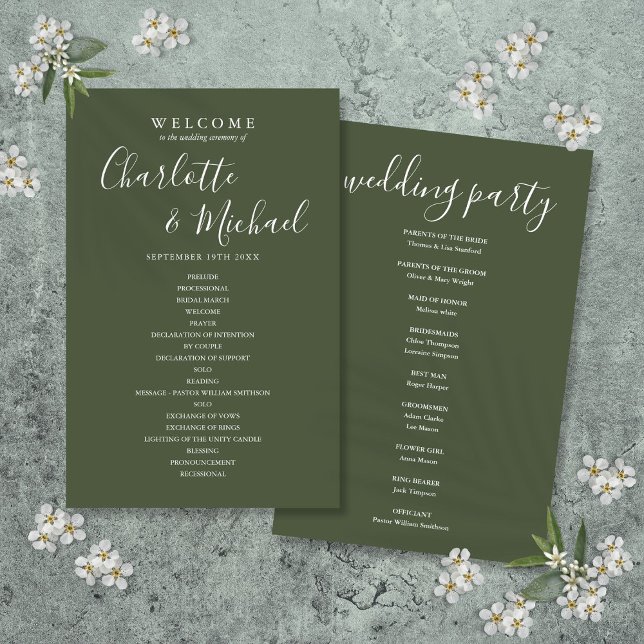 Programa de Boda con Letra de Firma en Verde Oliva (Olive Green Signature Script Wedding Program)