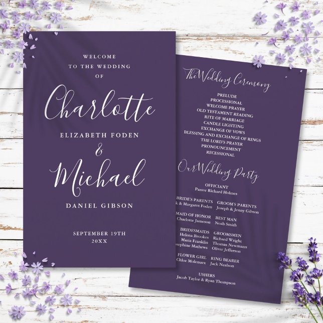 Programa de Boda con Letra de Firma Morada (Purple Signature Script Wedding Program)