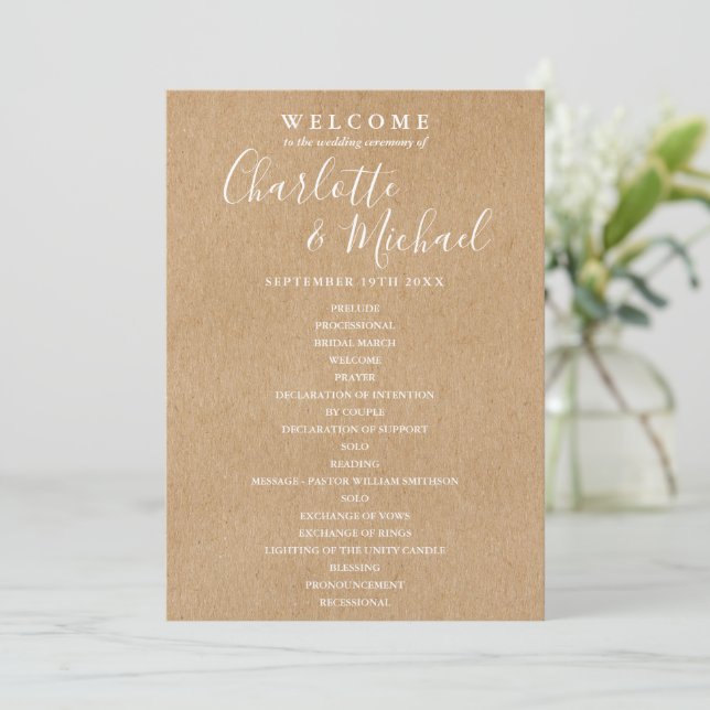 Programa de Boda con Letra Kraft Rústica y Elegant (Anverso de pie)