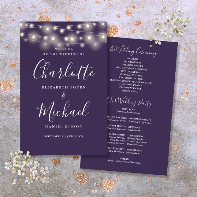 Programa de Boda con Luces de Cuerda Moradas (Purple String Lights Wedding Program)