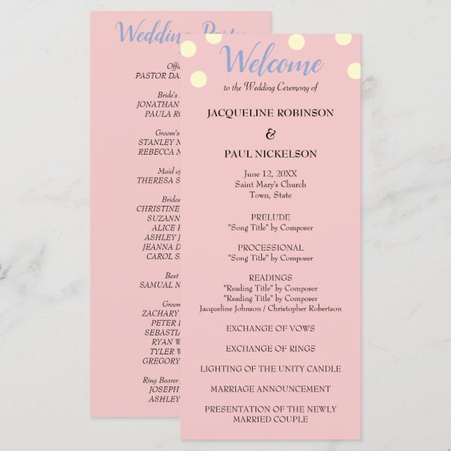 Programa de Boda con Lunares de Crema Azul Rosa (Anverso / Reverso)